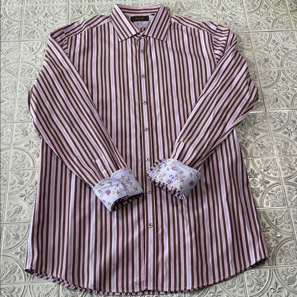 SAND Copenhagen Striped Dress Shirt Floral Flip Cuff Purple Men's 41 16 L